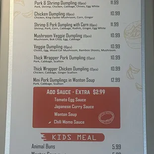 Dumpling and kids menu