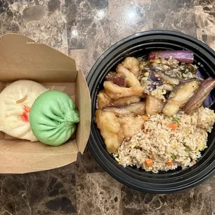 Fried Rice, Garlic Eggplants and Lemon Chicken