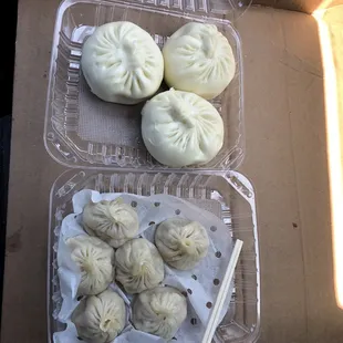 Beijing braised pork bun (6.95), Xiao loong bao (6.55)
