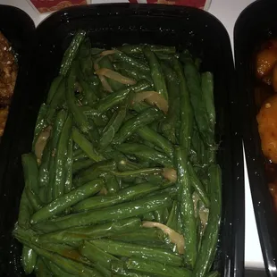 Dry Fried String Beans Delicious! Cooked perfectly: bright green, soft yet firm. Good flavor.