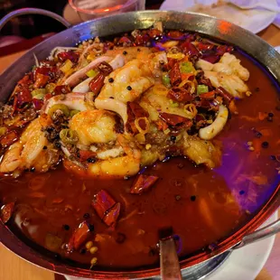 Szechuan style fish, squid, and shrimp