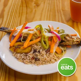 Fish Platter Served With Rice and Peas, and a side of Sweet Plantains