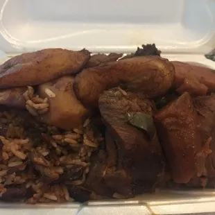Brown stew chicken w/ rice &amp; peas &amp; plantain