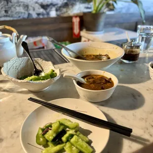 Cucumber salad + hot and sour soup