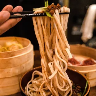 Beijing Noodles: pork, green onion, garlic, ginger, soybean paste ~ Noodle texture is awesome and chewy!