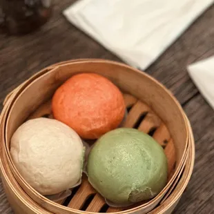 trio of bao (sweet dessert buns) - green tea & milk  - egg yolk - beet & taro