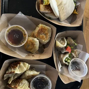 Fried Chicken Bao, Garlic Mushroom Dumpling, Beef Jiaozi, Pan Seared Pork Potsticker