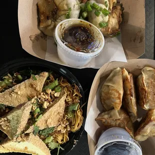 Szechuan Noodles and Garlic Mushroom Dumplings and  Pan Seared Pork Potsticker