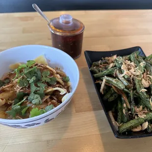 Shrimp and pork dumplings and Spicy Green Beans