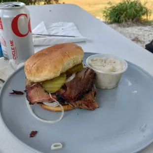 Brisket sandwich with onions and pickels and potato salad.