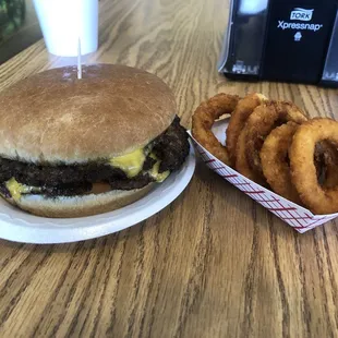 Double Cheeseburger and side of onion rings.