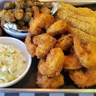 Shrimp and Catfish plate with Fried Okra and Cole Slaw