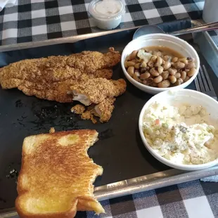 Fried Catfish, field peas, slaw and Texas toast.