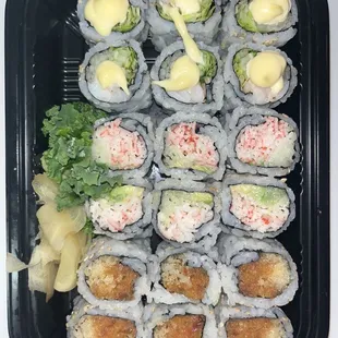 From top to bottom: Boston Roll, California Roll, Spicy Tuna Crunchy Roll
