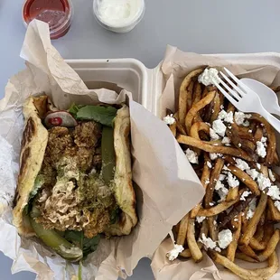9/12/21: Fried Chicken &quot;Shawarma&quot; Sandwich and French Fries with feta cheese