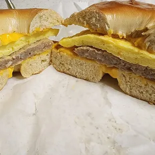 Plain bagel, sausage, egg and cheese.