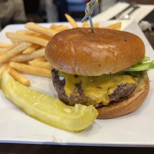 a cheeseburger and fries