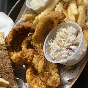 Perch Fish Fry w/ Homemade coleslaw, fries and marble rye from our local Bakery.
