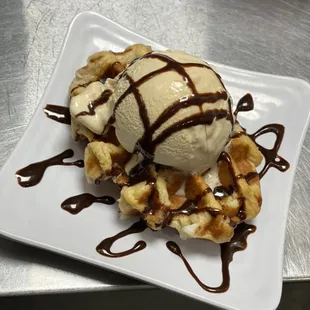 Belgian Waffle topped with Sea Salt Caramel Ice Cream