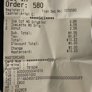 Receipt for 2 iced coffees and 2 donuts