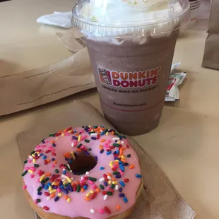 Rainbow sprinkles donut &amp; a frozen coffee!