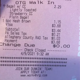  a receipt for a drink