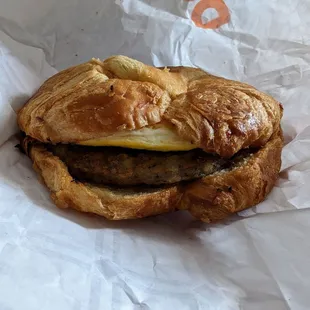 Sausage, egg, and cheese croissant sandwich