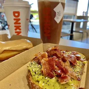Avo &amp; Bacon Toast, Maple Long John, Cold Brew w/ Foam, and Coffee!! :-)
