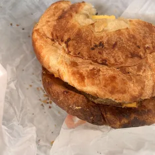 Croissant was burnt on one side! Very dark! Almost as dark as the sausage inside.
