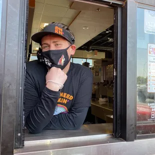 Jake exuding his fierce drive thru management skills.