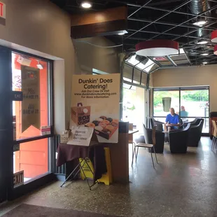 Garage door open with seating