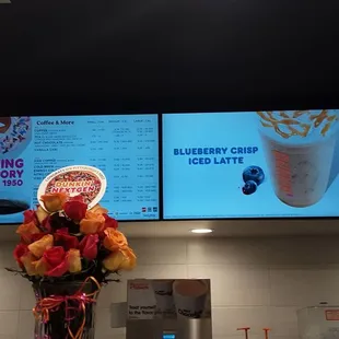 Menu board (digital, of course). Beautiful roses from Corporate. It's the romantic, girly-girl in me that loves &amp; notices this stuff.