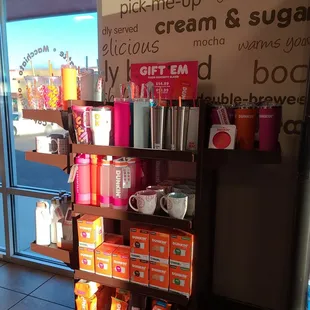  a shelf of coffee and other items