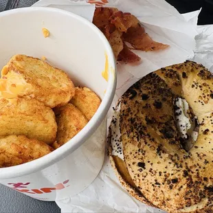 My breakfast lunch, everything bagel, loaded hash browns, snackin bacon