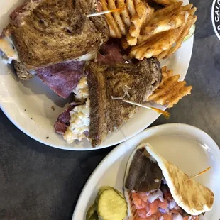 Reuben with waffle fries. Lamb Gyro.