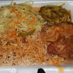 a meal in a styrofoam container
