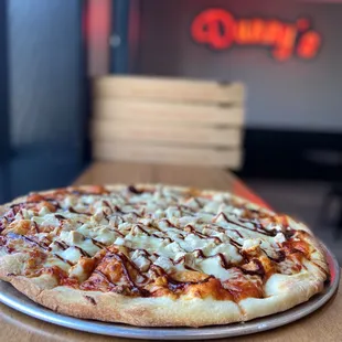 a pizza sitting on a table