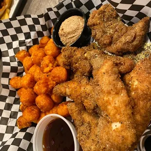 Friday night special $9  Chicken Tenders w/ sweet potato tots