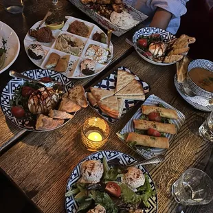 Chicken plate, mezze platter, burrata, lentil soup, falafel