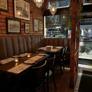 a dining area with a long table