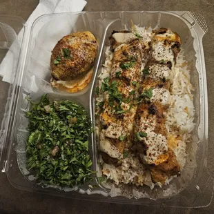 Iraqi Chicken Kebab with tabouli and kibbeh. Food was delicious; kibbeh was spicier than I expected.