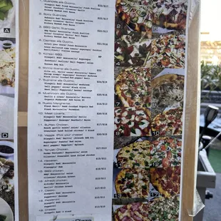 a menu for a variety of pizzas