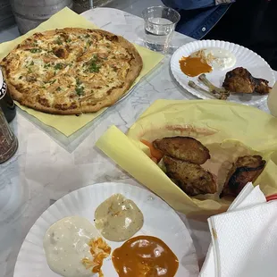 12" Buffalo chicken pizza and 6 piece oven roasted wings