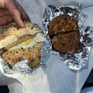 Turkey sausage egg and cheese on an everything bagel paired with there cinnamon crumbles muffin