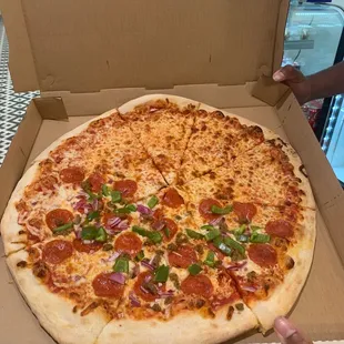 Whole pie - 1/2 Supremo Gourmet Pizza and 1/2 Cheese Pizza