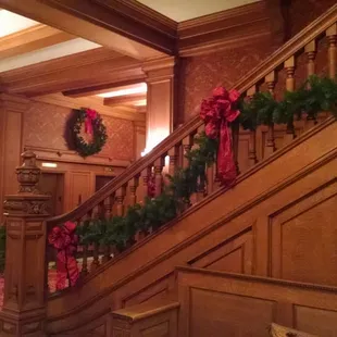 Main staircase with Christmas decorations.