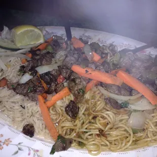 Steaming beef with rice and pasta. SO GOOD!