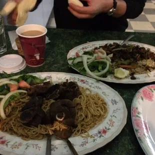 Pasta with goat and beef with rice.  Also chai.  Pretty good.