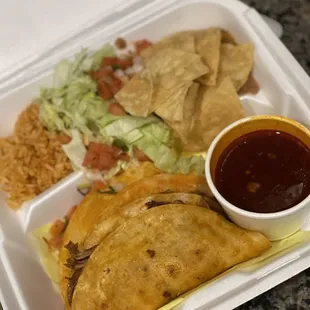 3 Queso-Birria Tacos w/rice and beans