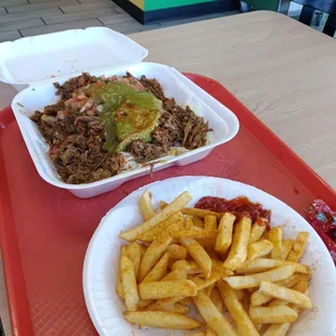#35 Queso Birria Fries and seasoned French Fries.